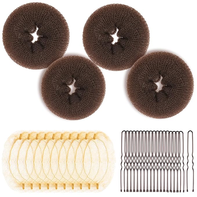 Teenitor Hair Bun Maker Kit and Hair Net, 4 Pcs Medium Hair Donuts For Buns, 10 Pcs Mesh Hair Nets Invisible, 10 Pcs U Shaped Hair Pins for Women, Ballet Bun Maker Set for Women Girls, Light Brown