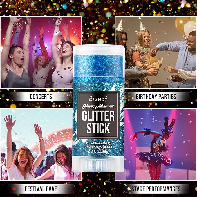 Brzeaf Blue Glitter Stick, Festival Rave Accessories, Waterproof & Long Lasting, Hair Eyeshadow Face Glitter Stick, 0.035kg, Blue
