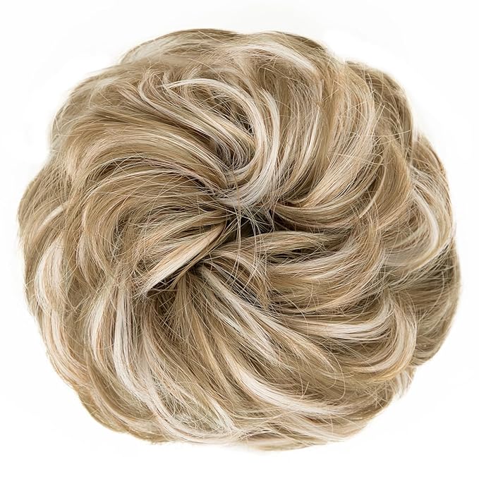 MORICA 1PCS Messy Hair Bun Hair Scrunchies Extension Curly Wavy Messy Synthetic Chignon for Women (27h613(Honey Blonde & Lightest Blonde))