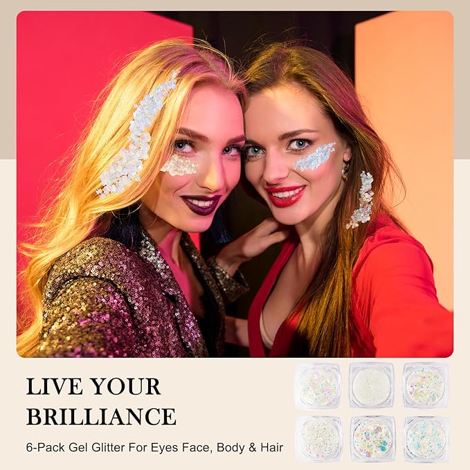 Glitter Body Face Hair Makeup Festival Gel, 6 Shapes Clear White Rave Glitter Face Pain Glitter Eyeshadow for Kids Women Girls Singer Concerts Festival Rave Accessories