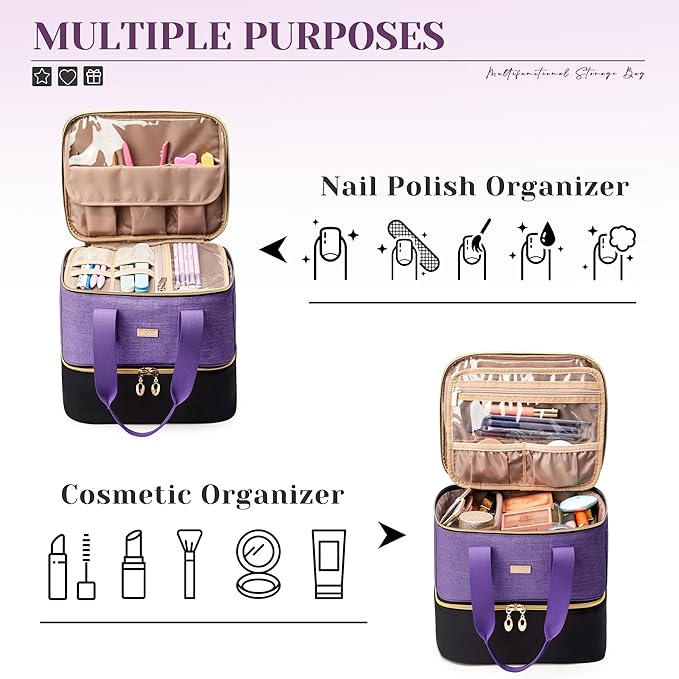 Nail Polish Organizer, Double Layer Nail Organizer and Storage Box Holds 42 Bottles & Nail Tech Kit Supplies, Large Capacity Nail Polish Organizer Case Carrying Bag