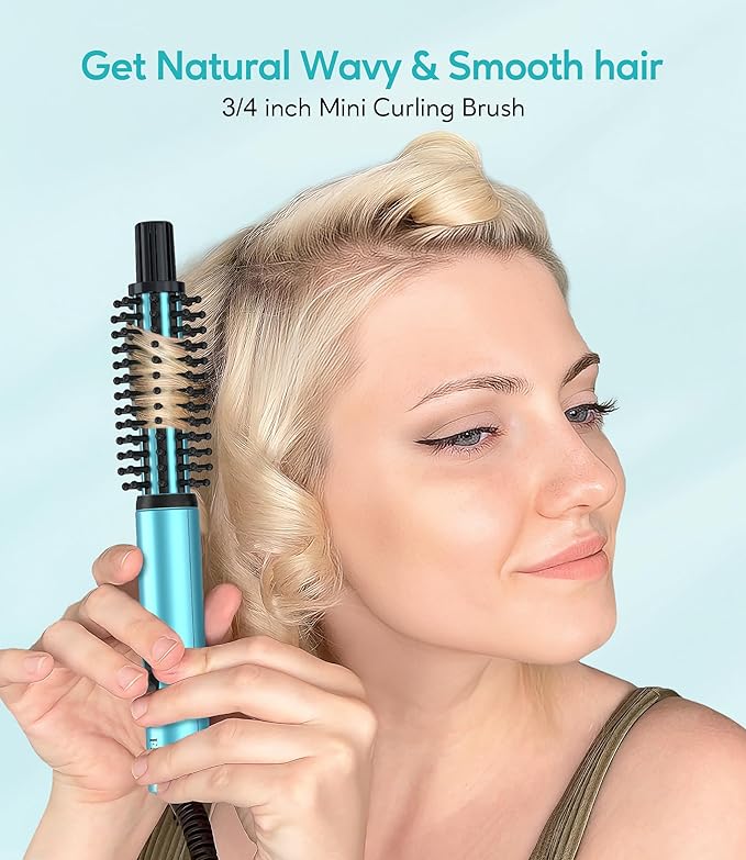Mini Thermal Brush, Curling Iron 3/4 Inch, Heated Round Brush for Volumizing and Small Curls, Travel Size Curling Iron for Short & Thin Hair, Dual Voltage, One Heat 392°F, Blue