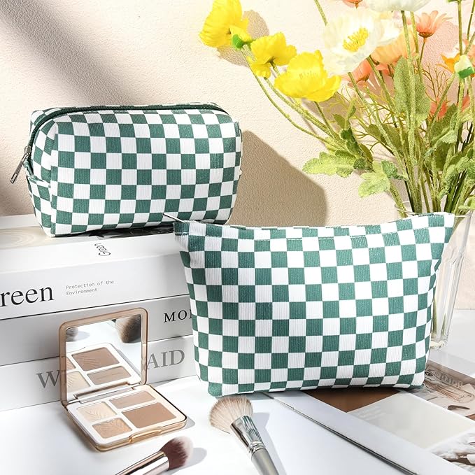 2 Pcs Checkered Makeup Bag Large Cosmetic Bag Toiletry Bag Makeup Pouch Travel Bag Organizer Cute Makeup Brushes Aesthetic Accessories Storage Bag for Women Olive Green