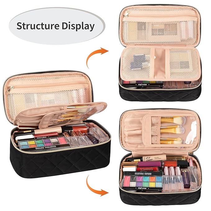 OCHEAL Small Makeup Bag,Portable Cute Travel Makeup Bag Pouch for Women Girls Makeup Brush Organizer Cosmetics Bags with Compartment-Rhombus Black