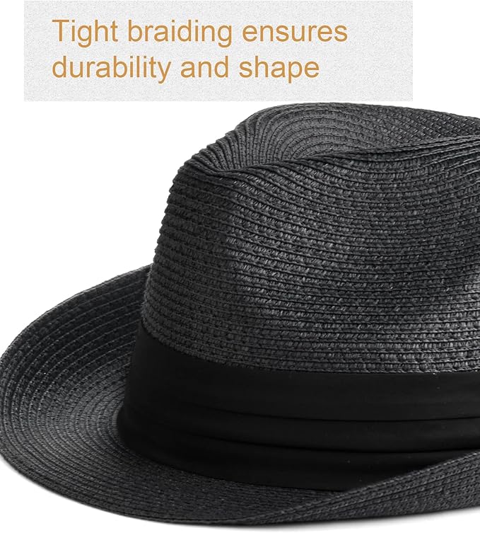 FURTALK Fedora Straw Sun Hat for Men Women Foldable Roll Up Short Brim Trilby Hat Panama Beach Hat UPF 80+