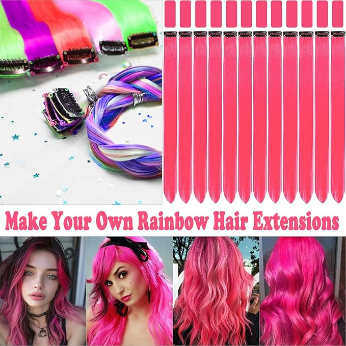 12 PCS Hot Pink Hair Extensions Clip in 22 inch, Colored Party Synthetic Neon Highlights Extensions, Rainbow Hair Accessories for Girls Women