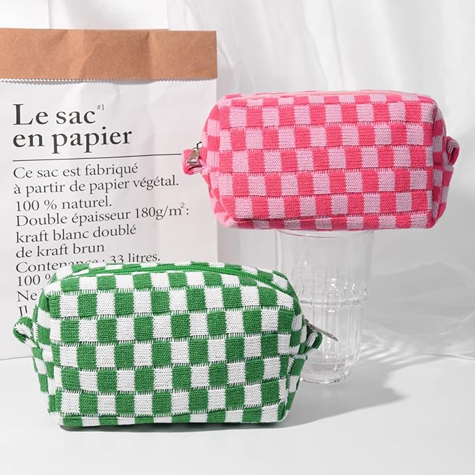 2 Pieces Makeup Bag Pouch Checkered Cosmetic Bag Pink Green, Travel Toiletry Bag Organizer Cute Makeup Brushes Storage Bag for Women