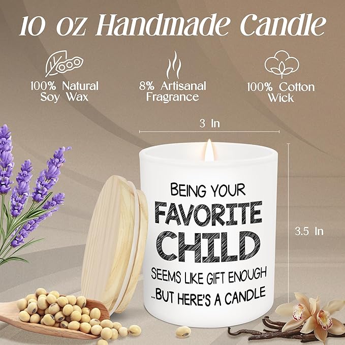TEEZWONDER Mothers Day Gifts for Mom from Daughter Son - Favorite Child Long Lasting Vanilla Lavender Candle 10 oz - Fathers Day Mothers Day Mom Birthday Gifts for Women Men Dad Grandpa Grandma