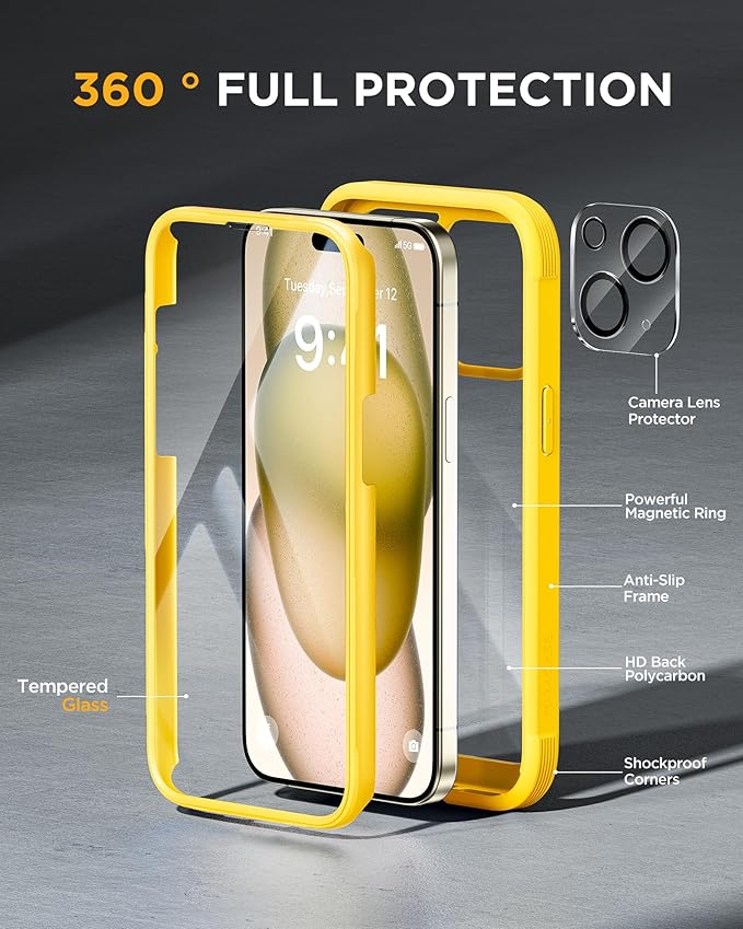 Miracase Glass Series Designed for iPhone 15 Plus Case 6.7',Full-Body Military Drop Proof 15 Plus Phone Case Cover with Built-in 9H Tempered Glass Screen Protector,Yellow