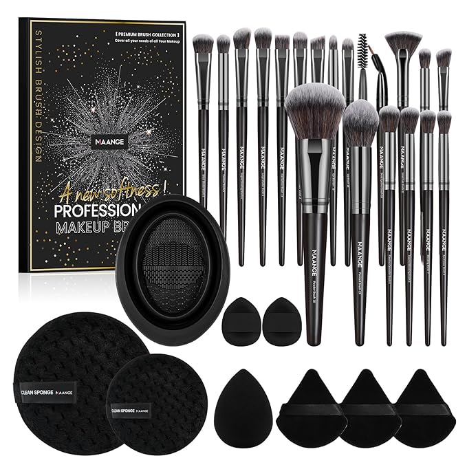 MAANGE Makeup Brushes 29 Pcs Makeup Kit, Premium Synthetic Foundation Powder Concealers Eye shadows Blush Brush Make up Brushes Set (Black, 29 Piece Set)