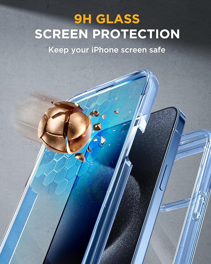 Miracase Glass Series for iPhone 15 Pro Max Case 6.7 Inch, Full-Body Drop Proof Phone Case for iPhone 15 Pro Max with Built-in 9H Tempered Glass Screen Protector + Camera Protector, Clear Blue