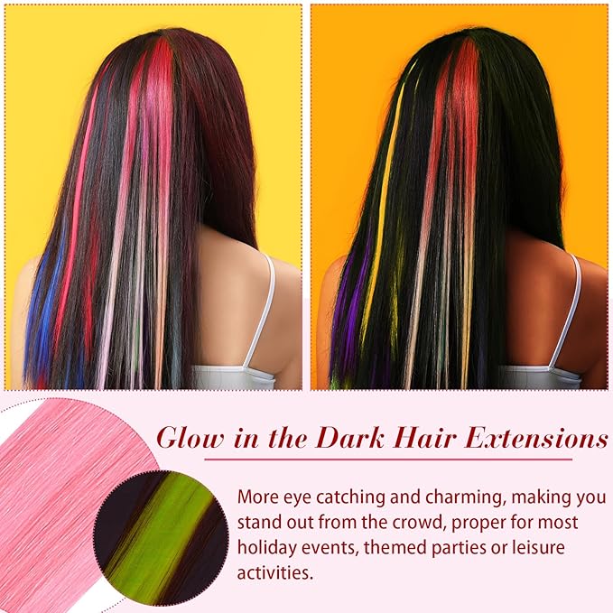 20 Pcs Glow in the Dark Colored Hair Extensions Clip 20 Inch Rainbow Party Hairpiece for Women, 10 Color(Pink)
