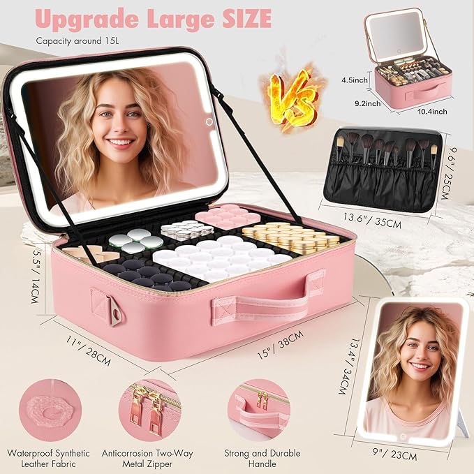 15''X11'' Large Makeup Bag with Removable Lighted Mirror, Professional Travel Makeup Train Case PU Leather Cosmetic Make up Organizer with Adjustable Dividers & Brush Storage Board