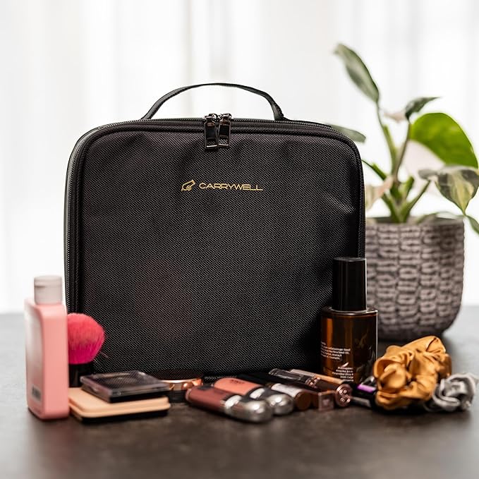 (Not Made In China) Makeup Train Case, Cosmetic Organizer Bag, Travel Make Up Storage With Adjustable Dividers For Cosmetics, Jewelry, Fragrance, Nail Polish and Brushes (1, Black, Small)