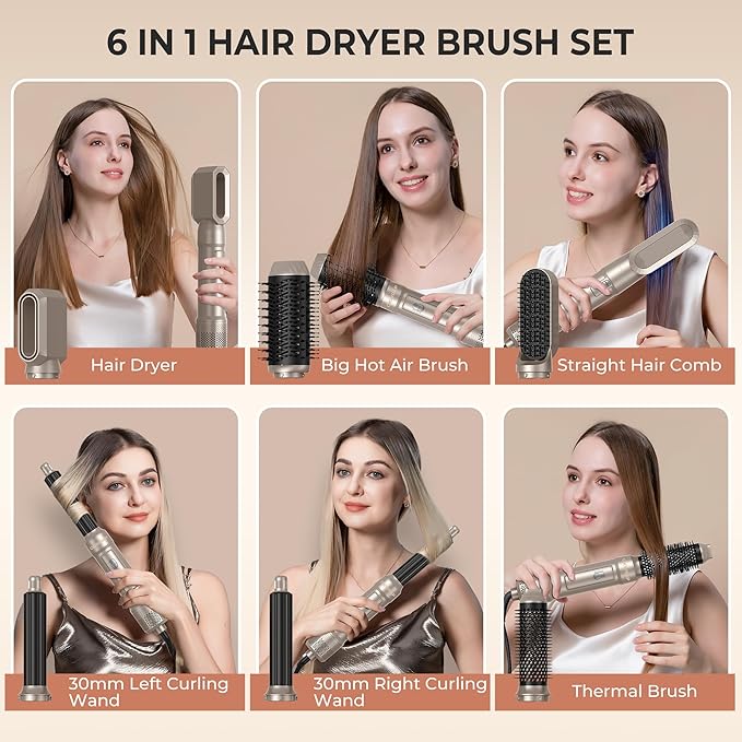 Blow Dryer Brush, 6 in 1 Auto Air Curling Iron Set 3 Temperature 1000W Powerful Negative Ionic Hair Dryer Brush Set with Thermal Brush, 60000RPM Hot Air Brush, Left&Right Curler Wand (Champagne Gold)