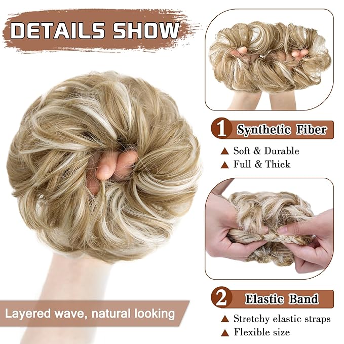MORICA 1PCS Messy Hair Bun Hair Scrunchies Extension Curly Wavy Messy Synthetic Chignon for Women (27h613(Honey Blonde & Lightest Blonde))