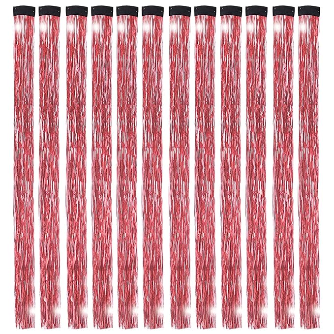 12PCS Tinsel Hair Extensions Glitter Hair Extension Clip in Gold Sparkling Fairy Hair Tinsel Kit Shiny Highlights Colorful Heat Resistant Hair Accessories for Girls Xmas New Year Party-Red