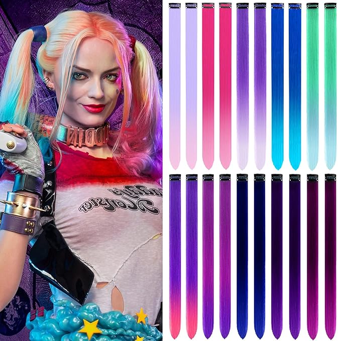 20 PCS Colored Hair Extensions, Colorful Party Highlights Clip in Long Straight Synthetic Hair Extensions, Ombre Color Hair Hairpieces for Girl Women Kids Cosplay Party Gift 22 inch