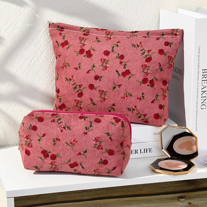 2 Pieces Rose Makeup Bag Large Cosmetic Bag Capacity Canvas Mix Travel Toiletry Bag Organizer Cute Makeup Brushes Aesthetic Accessories Storage Bag for Women, Rose Mix Green Red