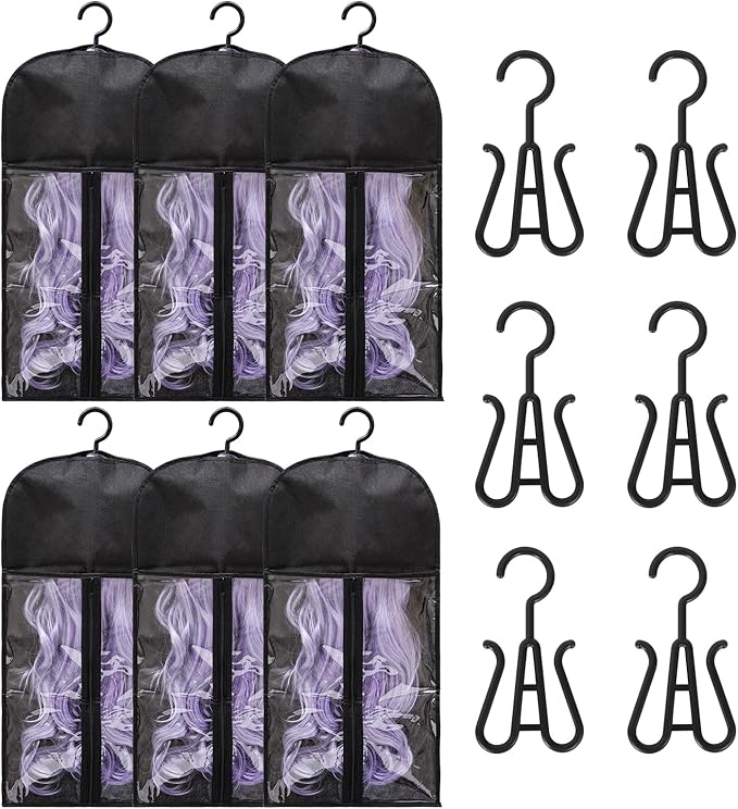 6-Pack Hair Extension Holder - Wig Storage Bags with Hanger for Multiple Wigs, Dust-proof, Ideal for Hair Extensions & Accessories