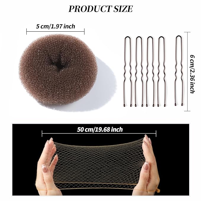 Teenitor Hair Bun Maker Kit and Hair Net, 4 Pcs Medium Hair Donuts For Buns, 10 Pcs Mesh Hair Nets Invisible, 10 Pcs U Shaped Hair Pins for Women, Ballet Bun Maker Set for Women Girls, Light Brown