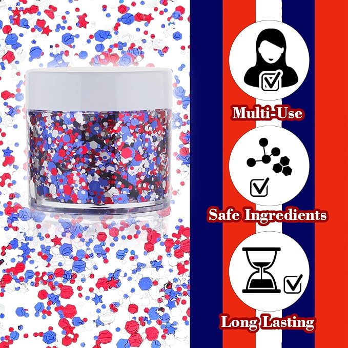 Red White Blue USA Flag Patriotic Memorial Day Face Glitter,4th of July Accessories Independent Day Body Glitter Face Paint,Fourth of July Outfits for Women,Festival Celebrations Makeup