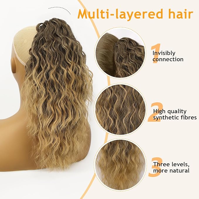 ORSUNCER Ponytail Extension Claw 18" Curly Pony Tail Clip in Claw Hair Extensions Fluffy Natural Looking Synthetic Hairpiece for Women Omber Dark Ash Blonde