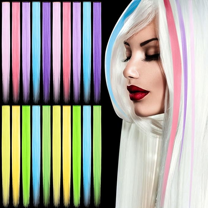 20 Pcs Glow in the Dark Colored Hair Extensions Clip 20 Inch Rainbow Party Hairpiece for Women, 10 Color(Dark Purple, Blue, Pink, Watermelon Red, Light Purple)
