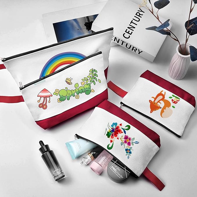 10 Pieces Cotton Canvas Makeup Bag with Bottom and Strap, Multi-Purpose Cosmetic Bag with Zipper Travel Toiletry Pouch, Blank DIY Craft Bag (White&Red, M)