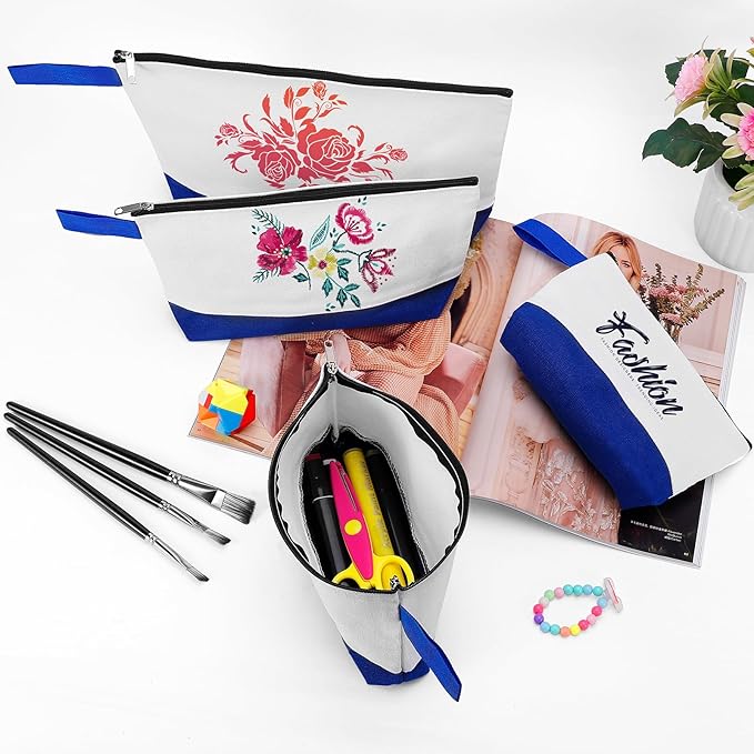 10 Pieces Cotton Canvas Makeup Bag with Bottom and Strap, Multi-Purpose Cosmetic Bag with Zipper Travel Toiletry Pouch, Blank DIY Craft Bag (White&Blue, XS)
