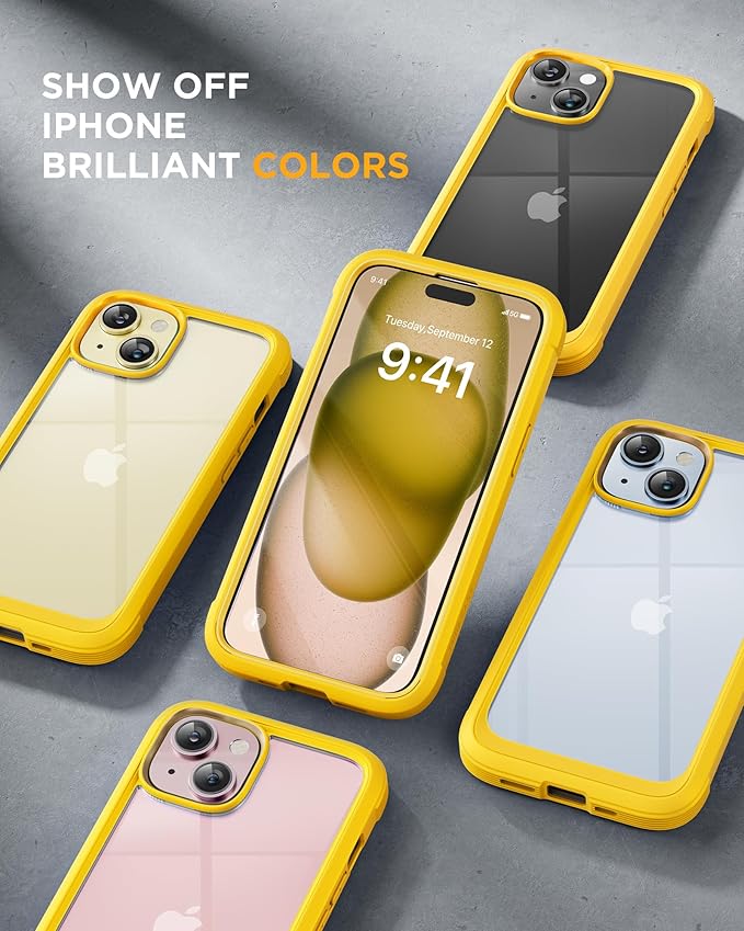 Miracase Glass Series Designed for iPhone 15 Plus Case 6.7',Full-Body Military Drop Proof 15 Plus Phone Case Cover with Built-in 9H Tempered Glass Screen Protector,Yellow