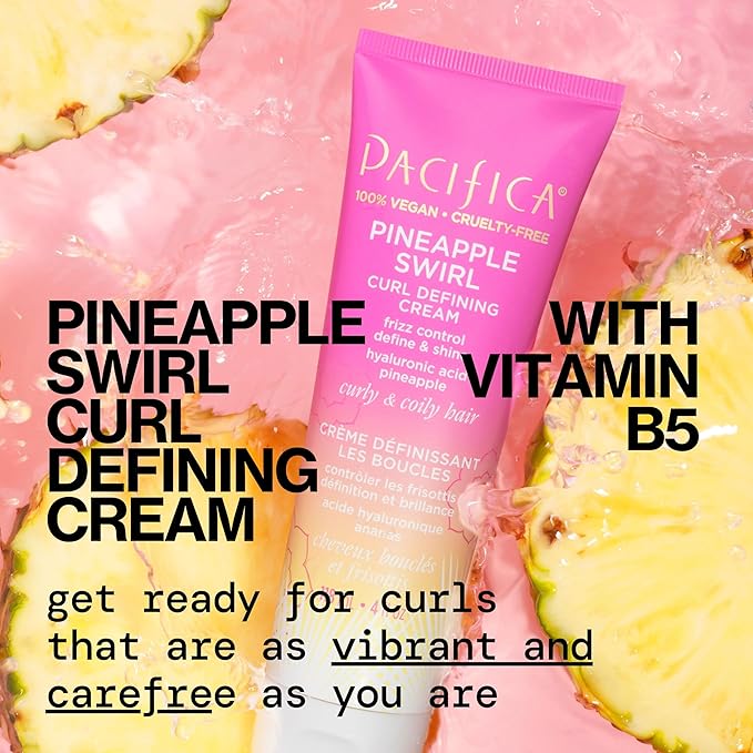 Pacifica Pineapple Swirl Curl Defining Cream for Curly Hair 4 oz – Frizz Control & Curl Enhancer Styling Cream for Curly & Wavy Hair Coconut Oil & Hyaluronic Acid Defines & Adds Bounce Without Crunch