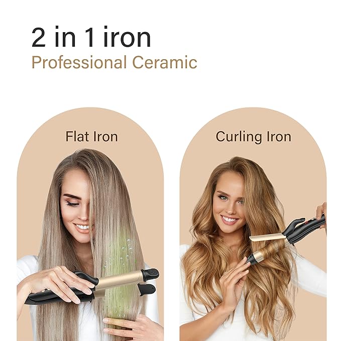 2 Hair Straightener and Curler Flat Iron Curling Wand, 1.25 Inch 2 in 1 Iron, Ceramic Tourmaline Styling Tools 275℉-425℉ Temp Adjustable, Dual Voltage Travel Girl Gift