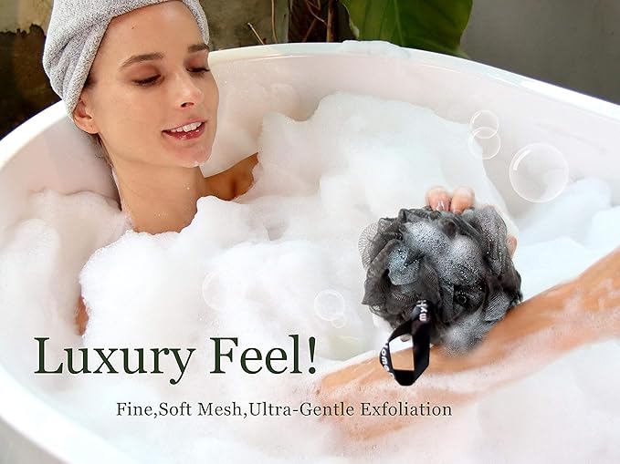 myHomeBody Large 70g Loofah Sponge, Body Scrubber, Bath Sponge, Loofah for Women, Men, Exfoliating Sponge Shower Pouf with Activated Charcoal - 2 Ultimate Gray + 1 Illuminating Yellow, 3 Pack