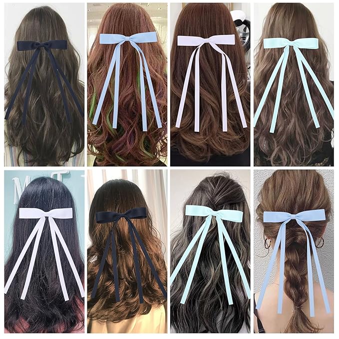 Hair Bows with Long Tails, Clips, and Barrettes for Women's Accessories (White, Blue, Navy Blue, Light Green)