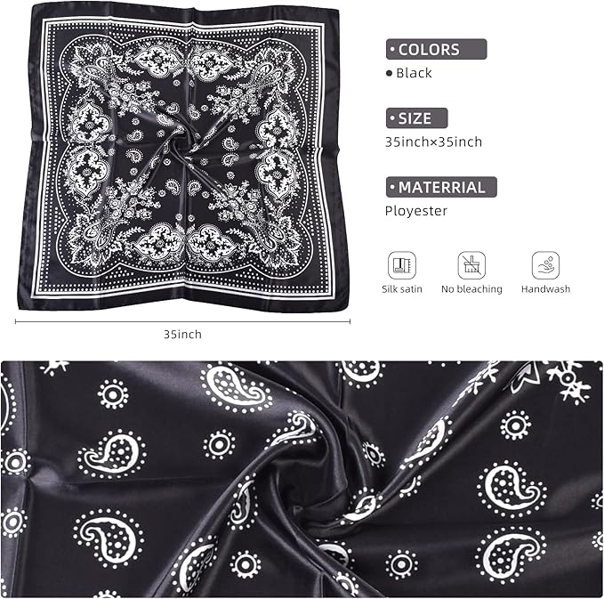 35 x 35 Women's Fashion Pattern Large Square Silk Like Hair Scarf Head Sleeping Wrap Satin Neck Bandana for Gift…