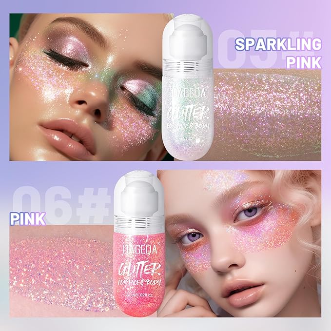 DAGEDA 2Colors Roll-on Body Glitter Gel for Body, Hair, Face, Holographic Glitter Makeup for Rave Accessories, Body Shimmer Hair Glitter Gel for Halloween Makeup(Sparkling Pink+Pink)