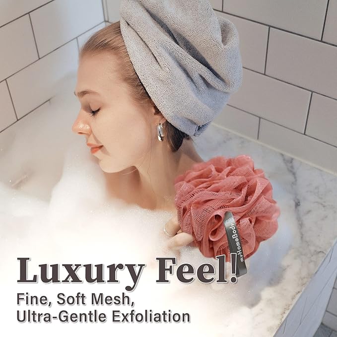 myHomeBody Large 70g Loofah Sponge, Body Scrubber, Bath Sponge, Loofah for Women, Men, Exfoliating Sponge Shower Pouf with Activated Charcoal - 2 Peach + 1 Coral Red, 3 Pack