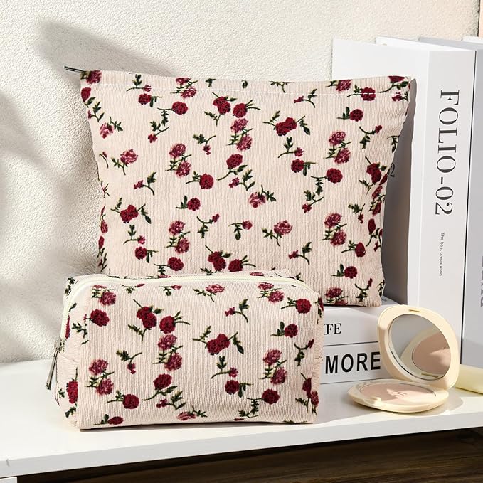 2 Pieces Rose Makeup Bag Large Corduroy Cosmetic Bag Capacity Canvas Mix Travel Toiletry Bag Organizer Cute Makeup Brushes Aesthetic Accessories Storage Bag for Women, Rose Mix White