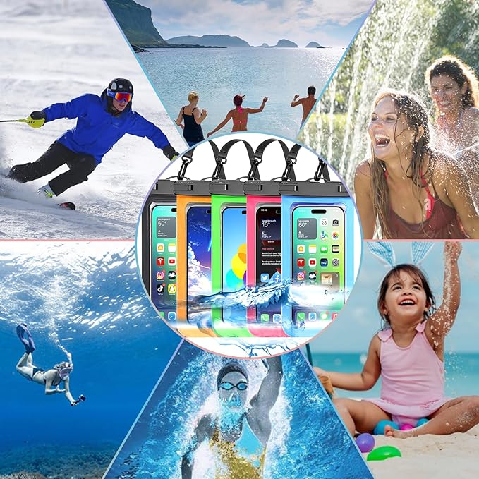 5 Pack Multicolor Universal Waterproof Phone Pouch, Large Phone Waterproof Case Dry Bag (Protection Level: IP68) Outdoor Sports for Apple iPhone,Samsung,and up to 7.5" (Black,Blue,Pink,Orange,Green)