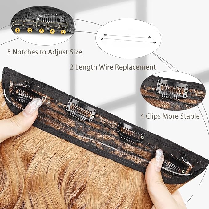 MORICA Invisible Wire Hair Extensions - 20 Inch Copper Brown Long Wavy Synthetic Hairpiece with Transparent Wire Adjustable Size, 4 Secure Clips for Women