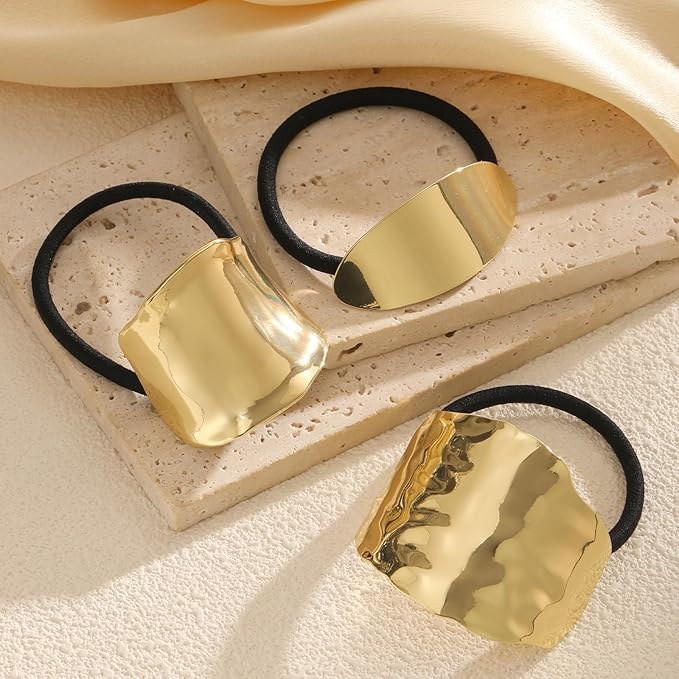 3PCS Gold Hair Ties, Metal Hair Ties for Thick Hair, Elegant Durable Geometric Design Hair Cuffs, Gold Hair Accessories Stretchy and Non-Damage Ponytail Holders 3 Style