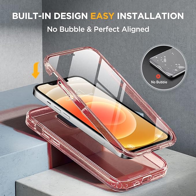 Miracase Glass Series for iPhone 12/12 Pro - Full-Body Rugged Protective Case with Built-in 9H Tempered Glass Screen Protector and Camera Lens Protector - Glitter Rose