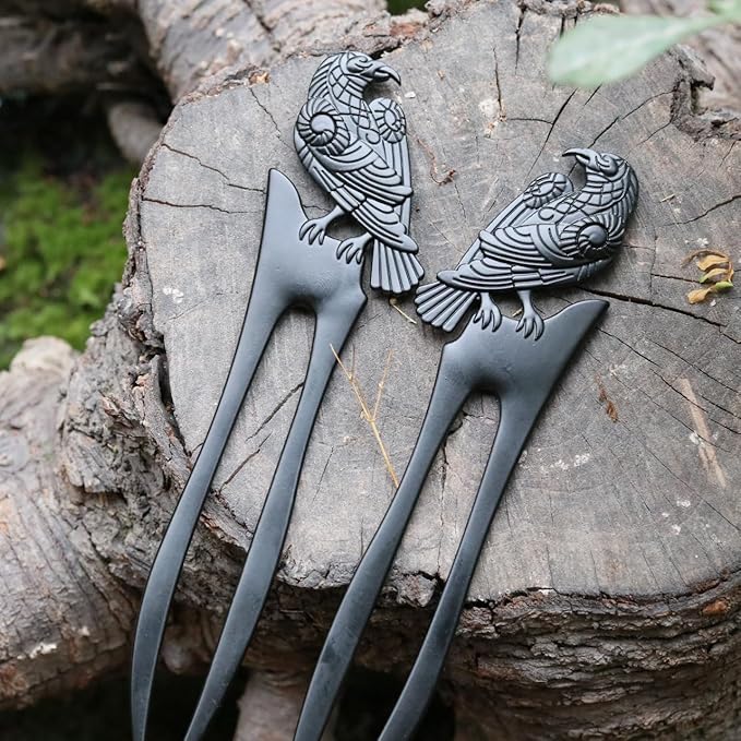 2pack U Shaped Viking Raven Metal Hair Prong Forks French Hair Styling Pins Black Wicca Witch Sticks Renaissance Festival Acceossories for Women Perfect for Thick Hair