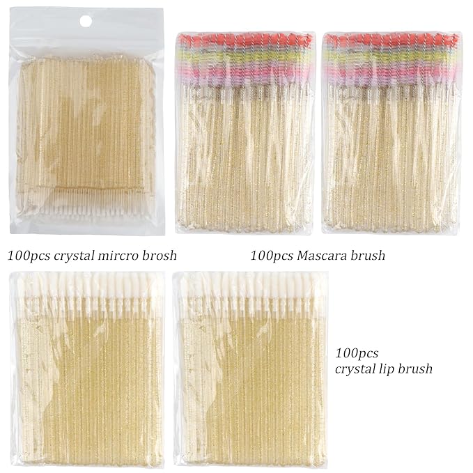 300 PCS Eyelash Extension Supplies Kit, Disposable Micro Swab,Crystal Eyebrow Spoolie Lash Brush, Lip Gloss Brush, Mascara Wand Applicator(colorful+gold)