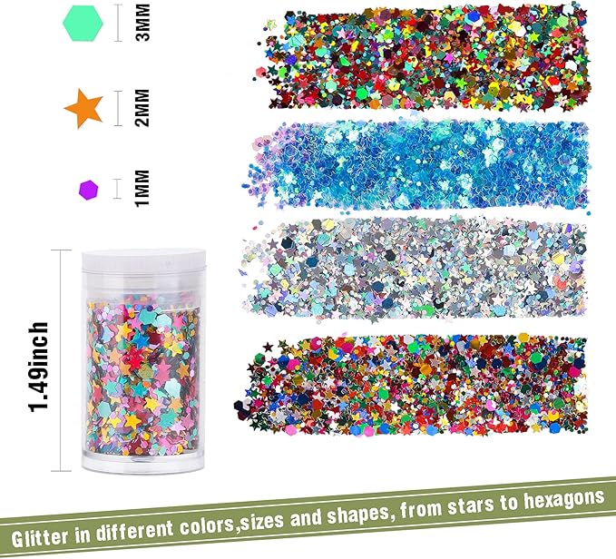Teenitor Glitter, Chunky Glitter Mixed, Nail Glitter with Stars, Cosmetic Face Body Eye Hair Glitter, 32pcs