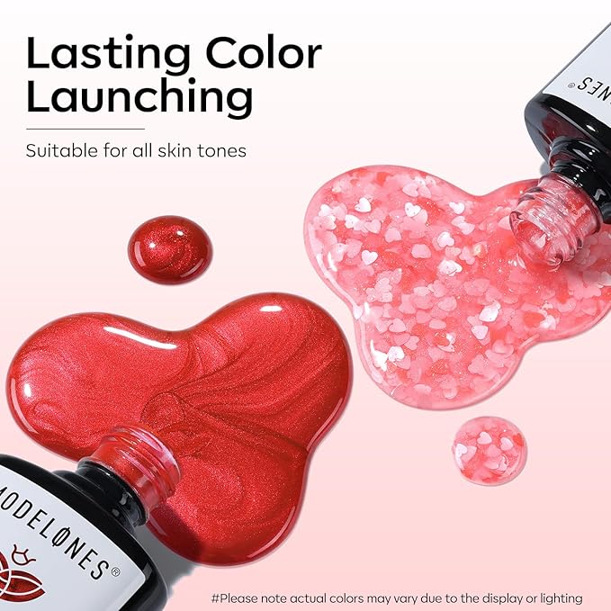 modelones Gel Nail Polish Set 2 Pcs 15 ML Pink Red Gel Polish Hot Pink Red Love-heart Glitter Gel Polish White Shimmer Pink Tones Spring Soak Off LED Nail Art DIY Gift For Women Girl