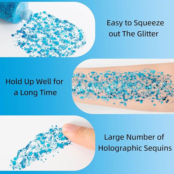 MEICOLY Sky Blue Body Glitter, Teal Face Gel, Mermaid Turquoise Sparkling Glitter Makeup for Women Kids, 50 ml