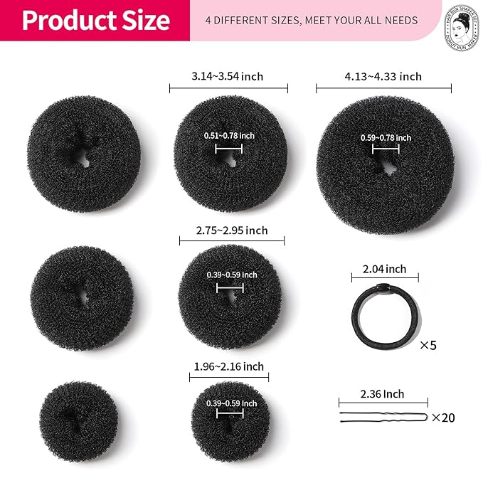 Teenitor Hair Styling Kit: 5 Bands, 20 Bobby Pins, 7 Chignons (2 Small, 2 Medium, 1 Large, 1 Extra-Large), Black