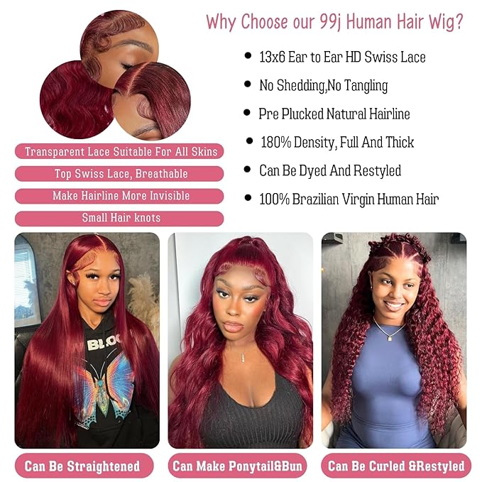 99j Burgundy Lace Front Wigs Human Hair 13x6 Hd Body Wave Lace Frontal Wigs Human Hair Pre Plucked 180 Density Glueless 99j Burgundy Red Wig Human Hair Colored Wigs for Women with Baby Hair 26 Inch